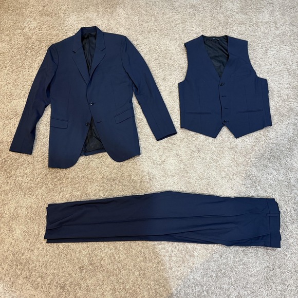 Theory Suit Mens 40 Regular Blue Wool Blend Blazer Vest Pants 3 Piece Tailor Fit - Picture 1 of 16